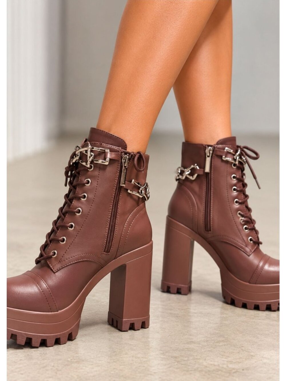 Mocha Brown Platform Lace-Up Combat Ankle Boots Chunky Block Heel Chain Detail